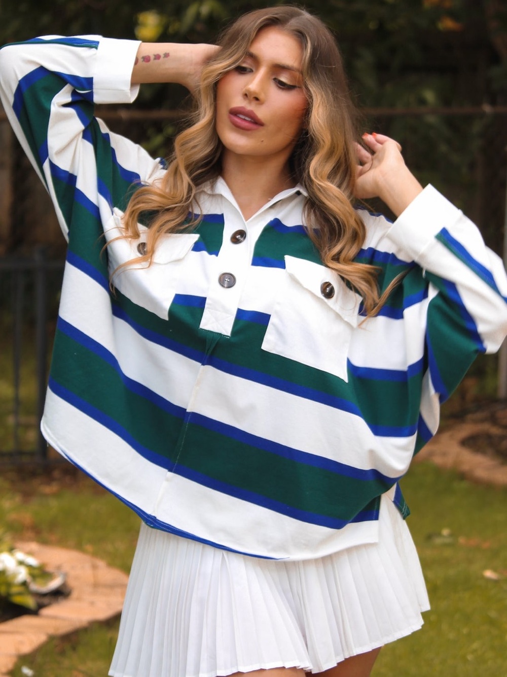 BUCKET LIST Striped Polo Collared Rugby Shirt White Green Blue Oversized Top